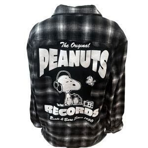 Snoopy Records Plaid Flannel Shirt XL Oversized Shacket Peanuts Woodstock Unique